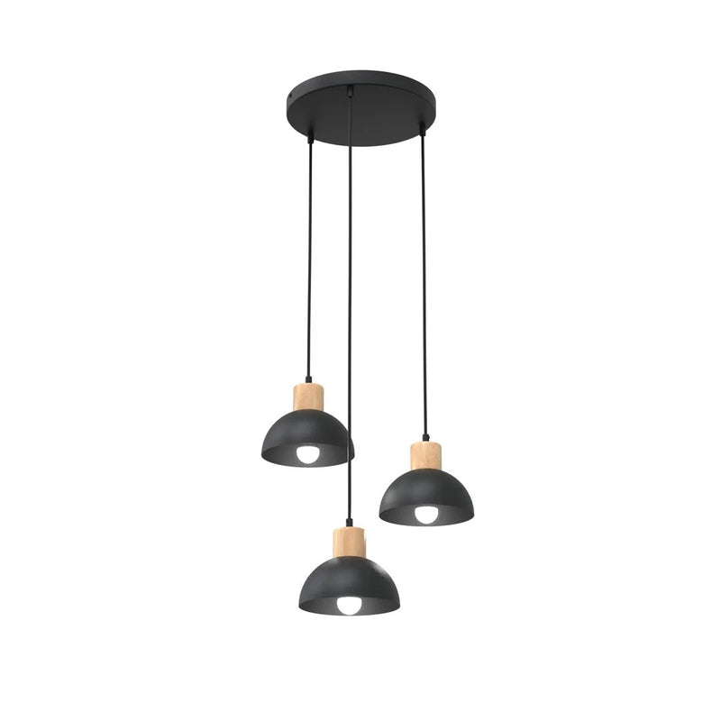 Suspension noire et bois à 3 dômes en métal mat – Ø30 cm