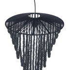 Ampoule à filament verre clair luisante suspendue dans lustre perles bois noires cascade Ø47 cm