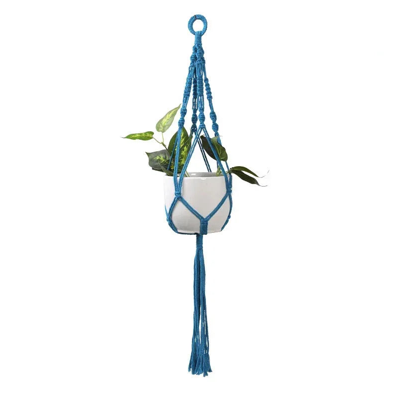 Suspension plante en macramé bleu rond à franges décoratives