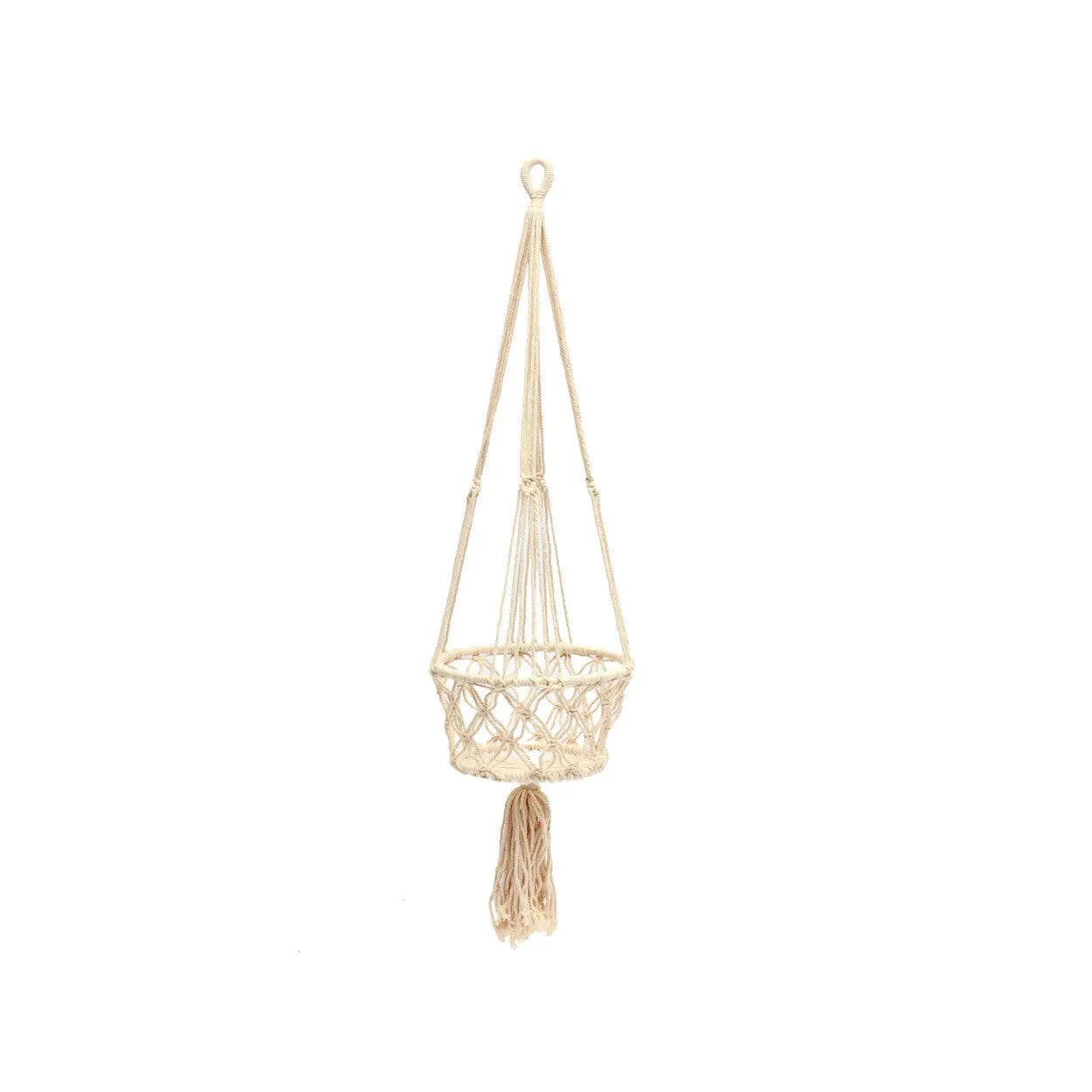 Support de plante en macramé coton blanc avec pompon décoratif, hauteur 100 cm