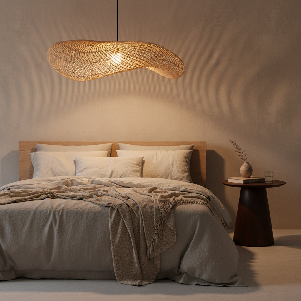 Suspension en rotin naturel forme ondulante tressage ajouré – Ø115 cm