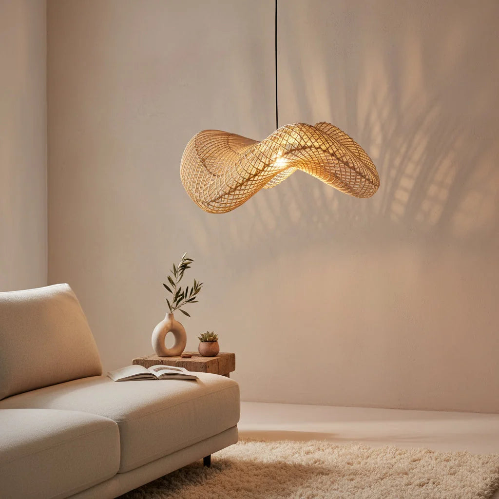 Suspension en rotin ondulé tressé naturel, Ø71 cm, lumière dorée chaleureuse