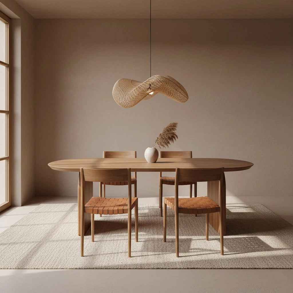 Table à manger minimaliste en bois clair aux bords courbés