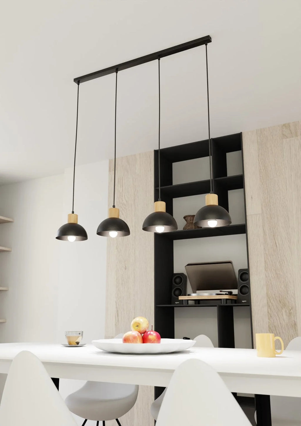 Suspension scandinave noire et bois 4 lumières au-dessus table blanche