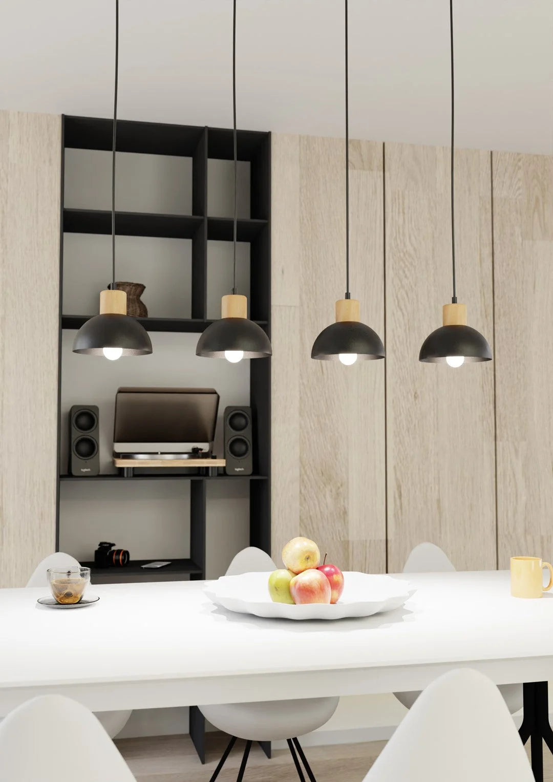Suspension scandinave noire et bois 4 lumières au-dessus table blanche