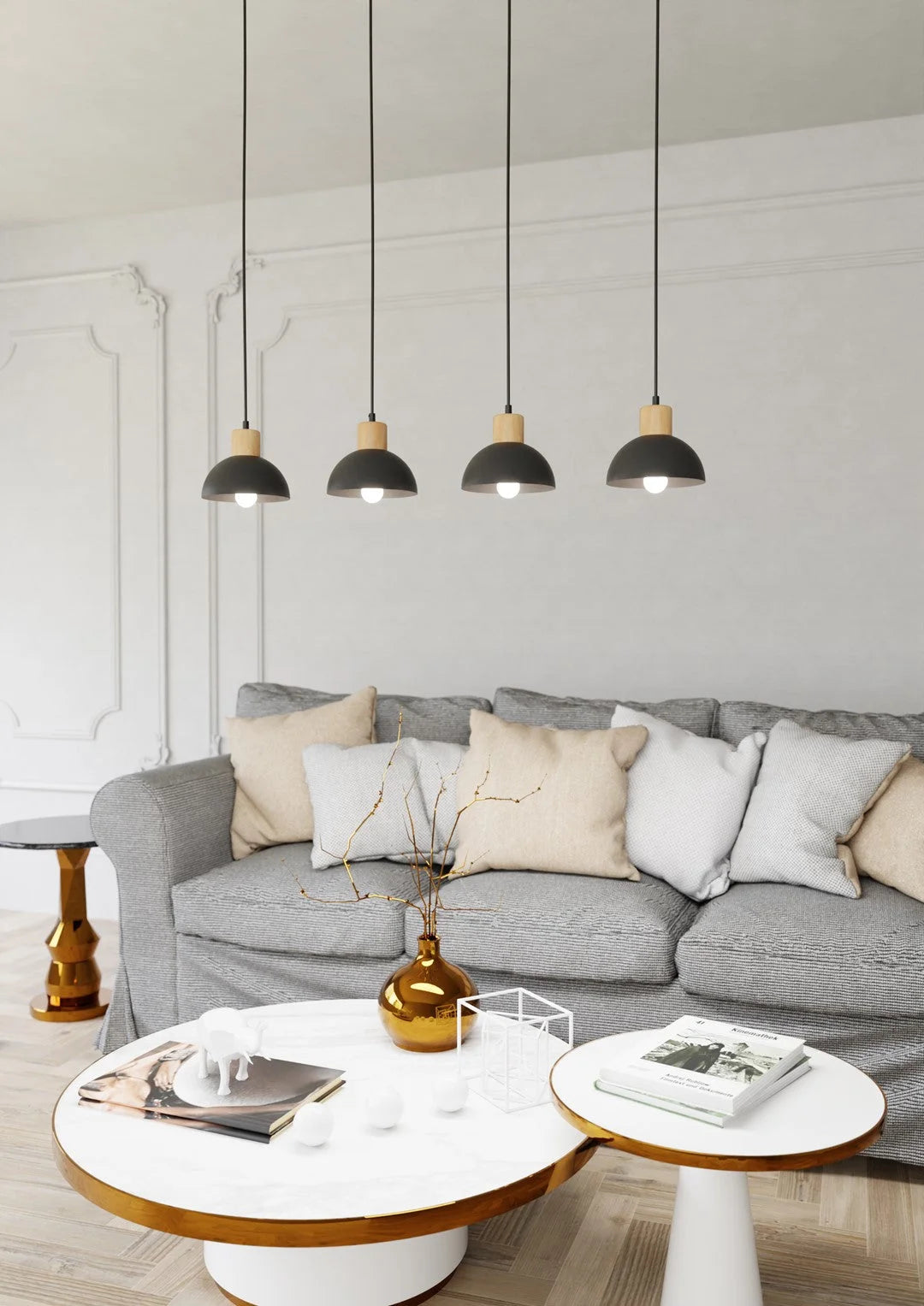Suspension scandinave noire et bois 4 lumières en métal au-dessus d’un sofa gris