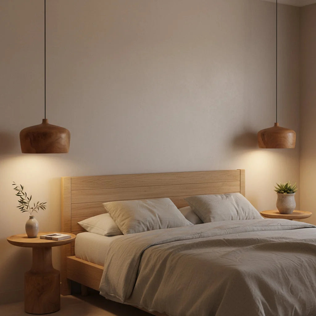 Suspension en teck naturel dôme arrondi Ø30 cm au-dessus du lit, tons chauds