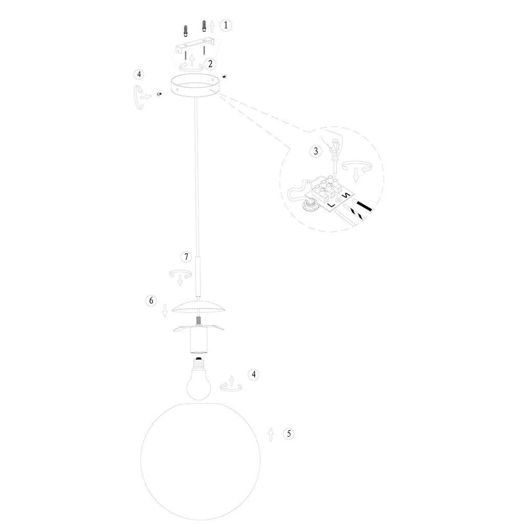 Diagram éclaté d’un plafonnier en verre ambre et métal doré sphérique Ø30 cm