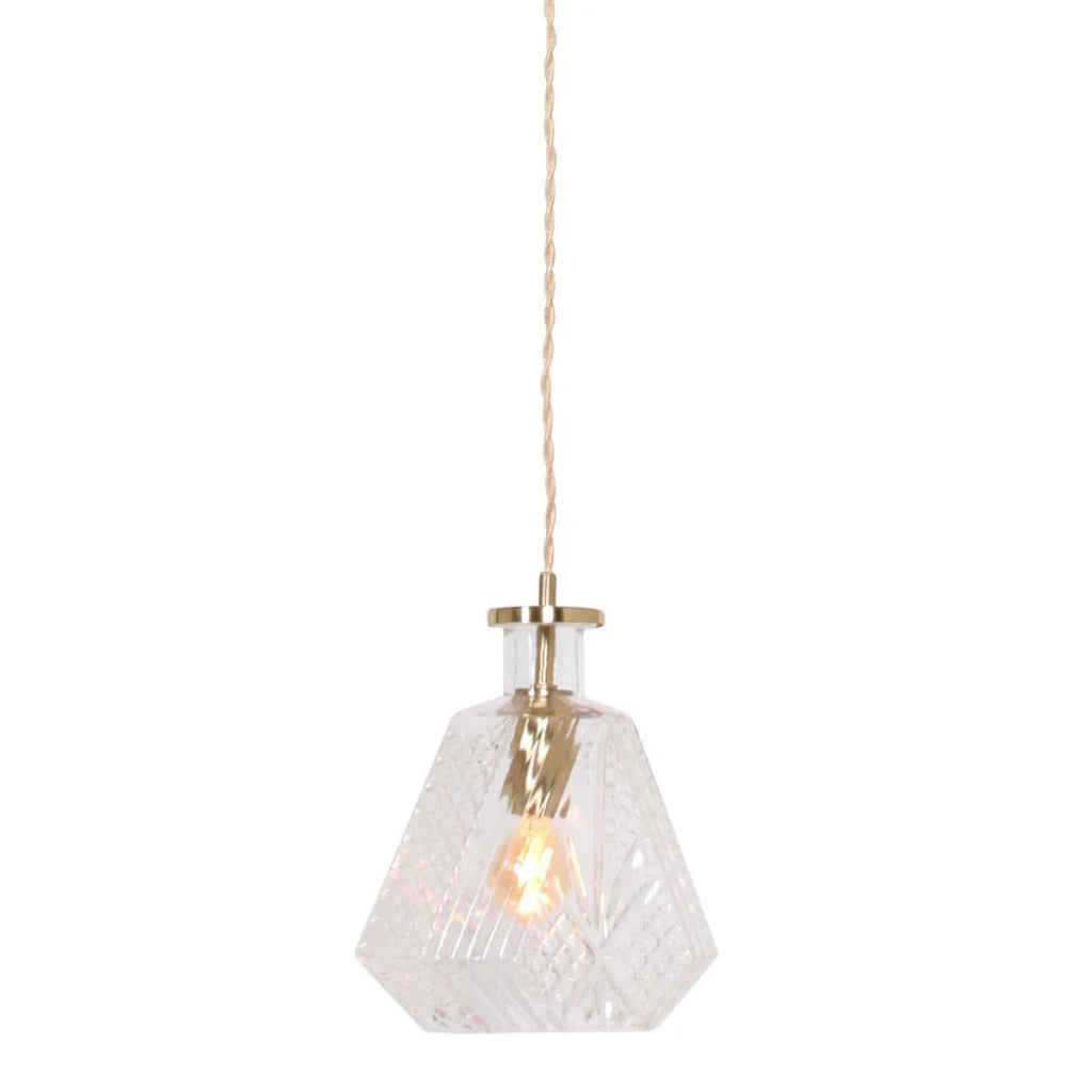 Suspension verre facetté et laiton doré avec câble torsadé, diamètre 18 cm