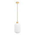 Suspension en verre opalin cannelé et bois clair Ø20 cm