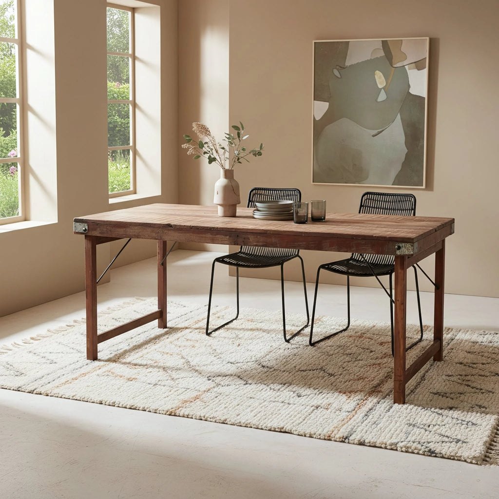 Table à manger rustique en bois recyclé brun et métal vintage 165x75 cm