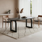 Table à manger oblongue moderne en bois noir mat avec pieds métalliques courbés ajourés, 200x90 cm