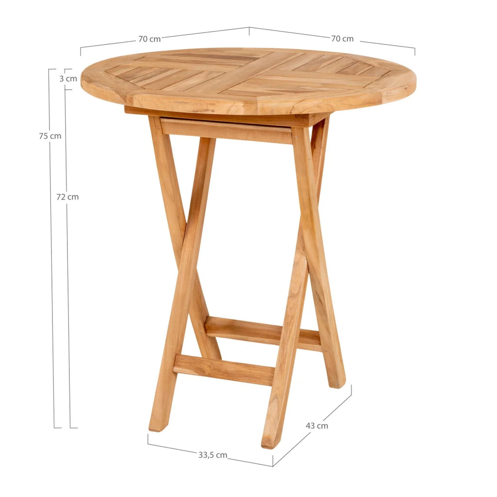 Table ronde pliante en teck brun clair, motif chevron, Ø70 cm extérieur