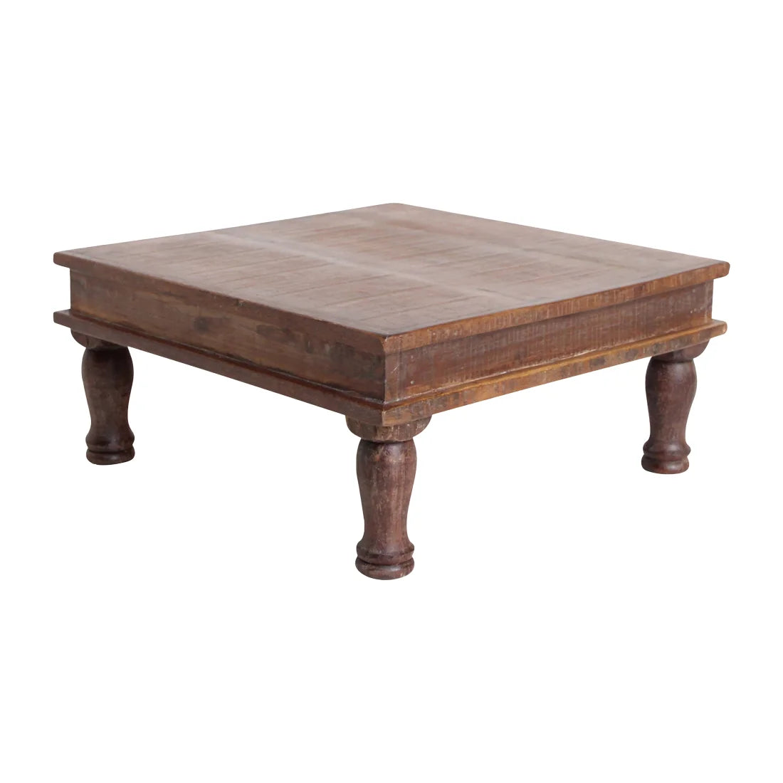 Table basse carrée en bois recyclé brun avec pieds tournés 33x33 cm