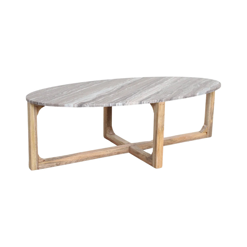 Table basse ovale marbre gris et bois clair pour salon – 120x60 cm