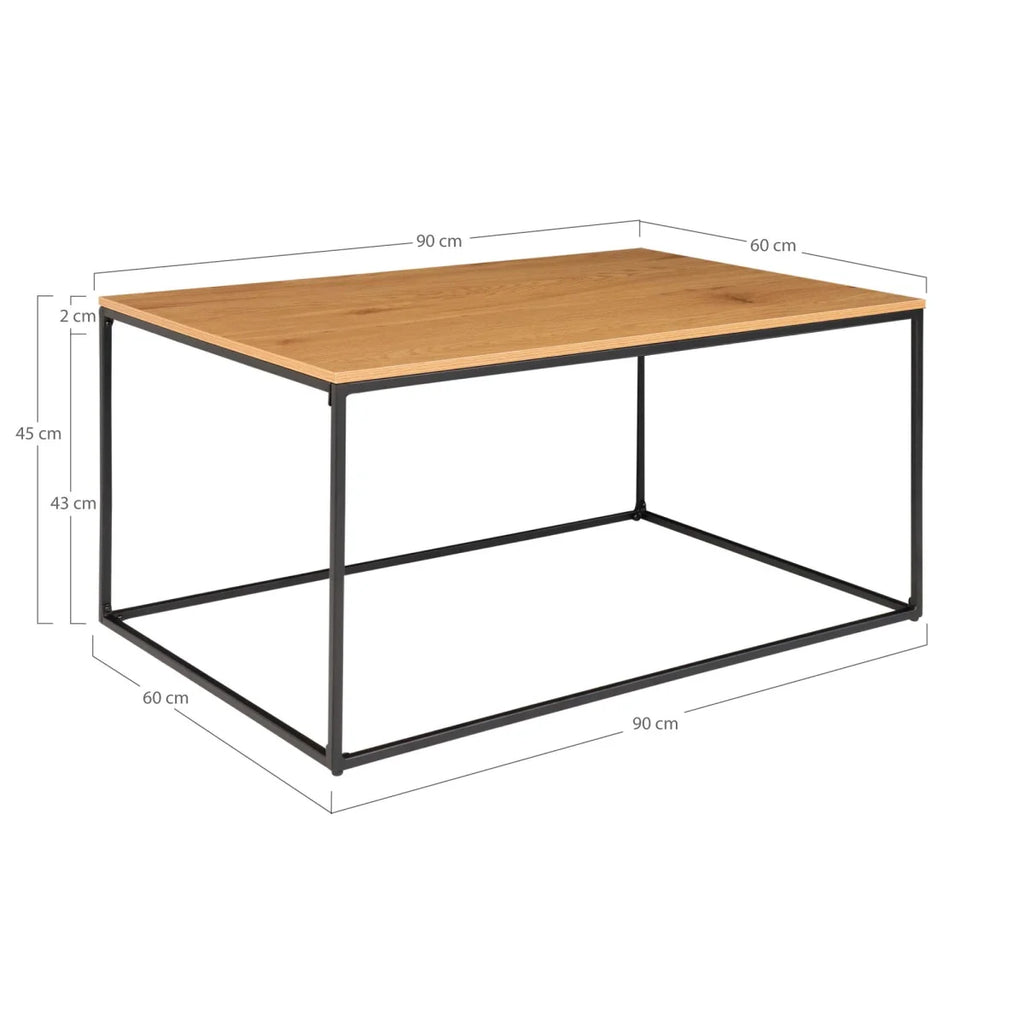 Table basse rectangulaire en bois clair de chêne et métal noir 90x60 cm