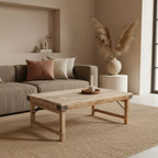 Table basse rectangulaire en bois clair naturel avec renforts métalliques, 120x75 cm