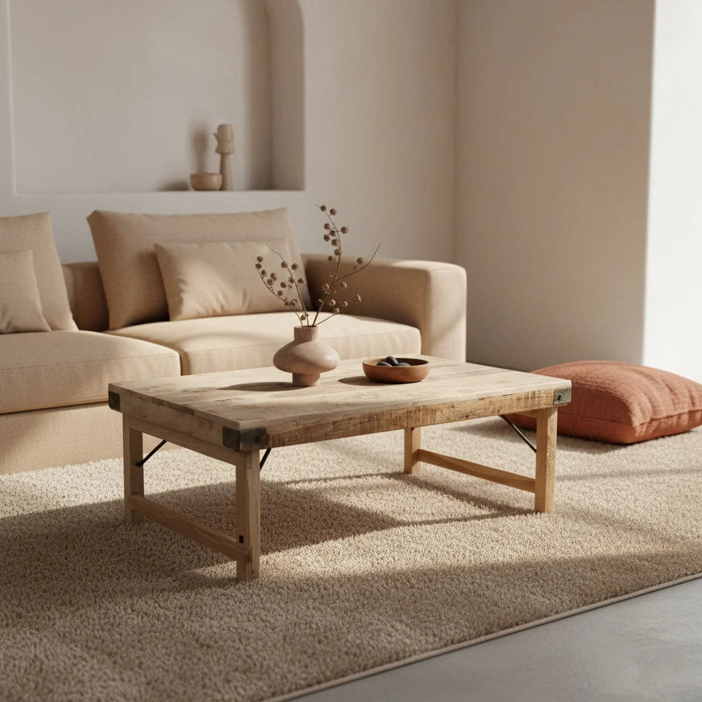 Table basse rectangulaire en bois naturel avec renforts métalliques 120x75 cm