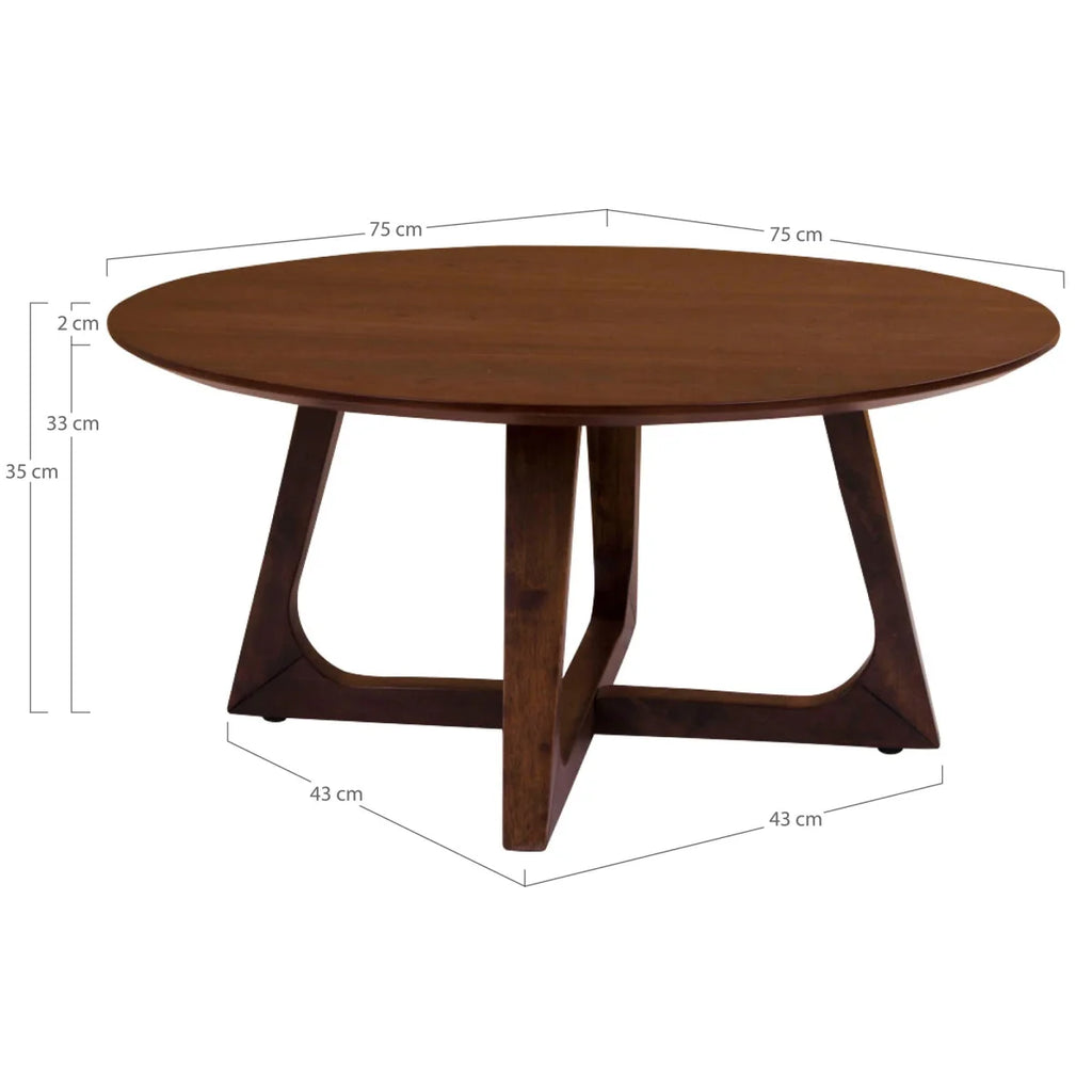 Table basse ronde en bois placage noyer brun, pieds triangulaires, Ø75 cm