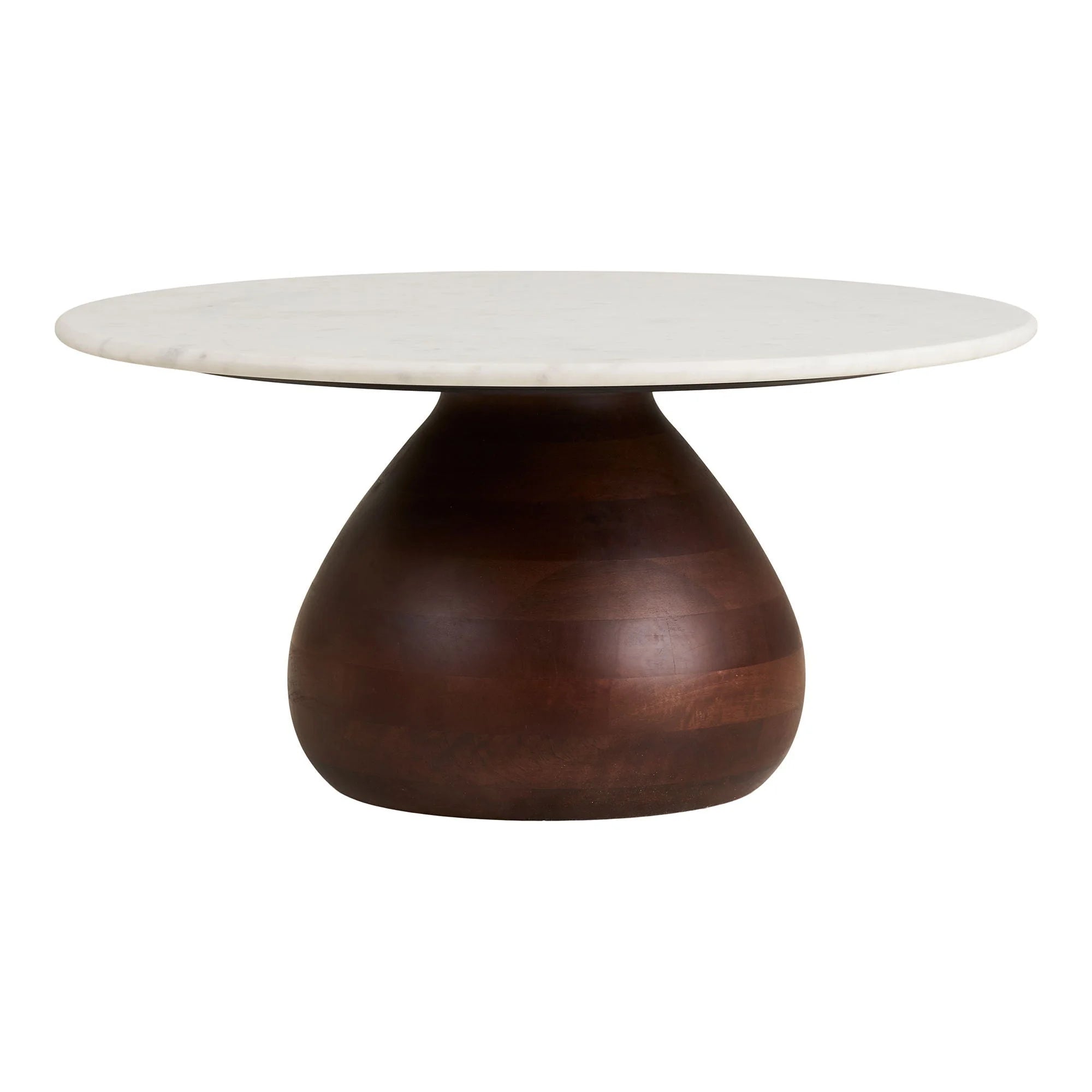 Table basse ronde en marbre blanc et bois foncé, piètement galbé Ø70 cm
