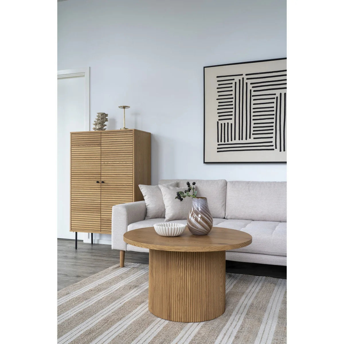 Table basse ronde en MDF bois naturel Ø80 cm à rainures verticales