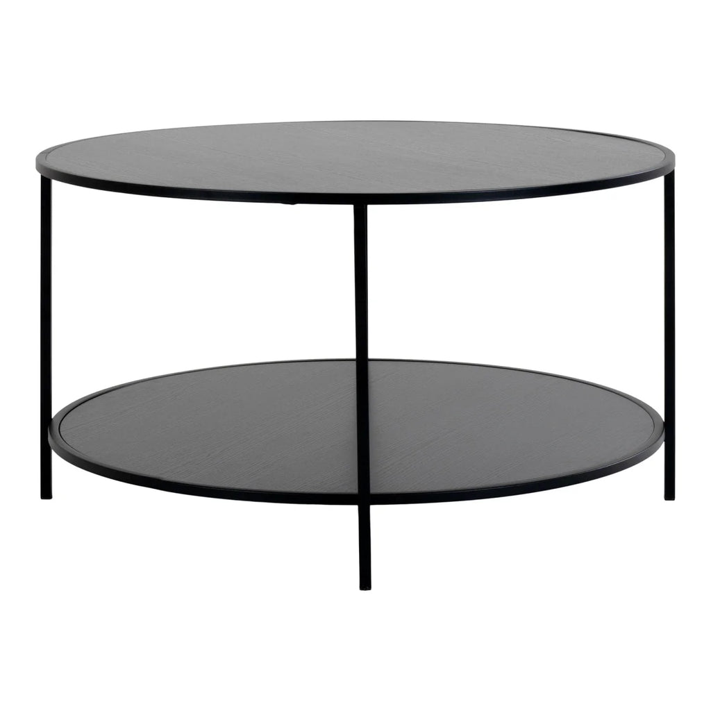 Table basse ronde noire en acier et bois, 2 étages, Ø80 cm