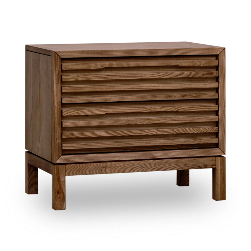 Table de chevet en frêne rainuré couleur roux pour chambre – 61x41 cm