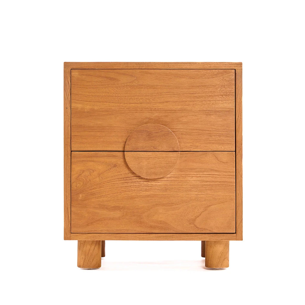Table de chevet teck massif 2 tiroirs poignées circulaires 50x40 cm