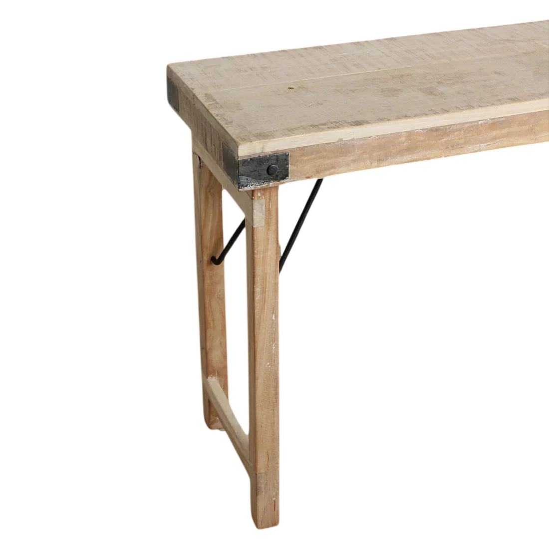 Console pliante en bois recyclé clair 170x40 cm avec ferrures noires