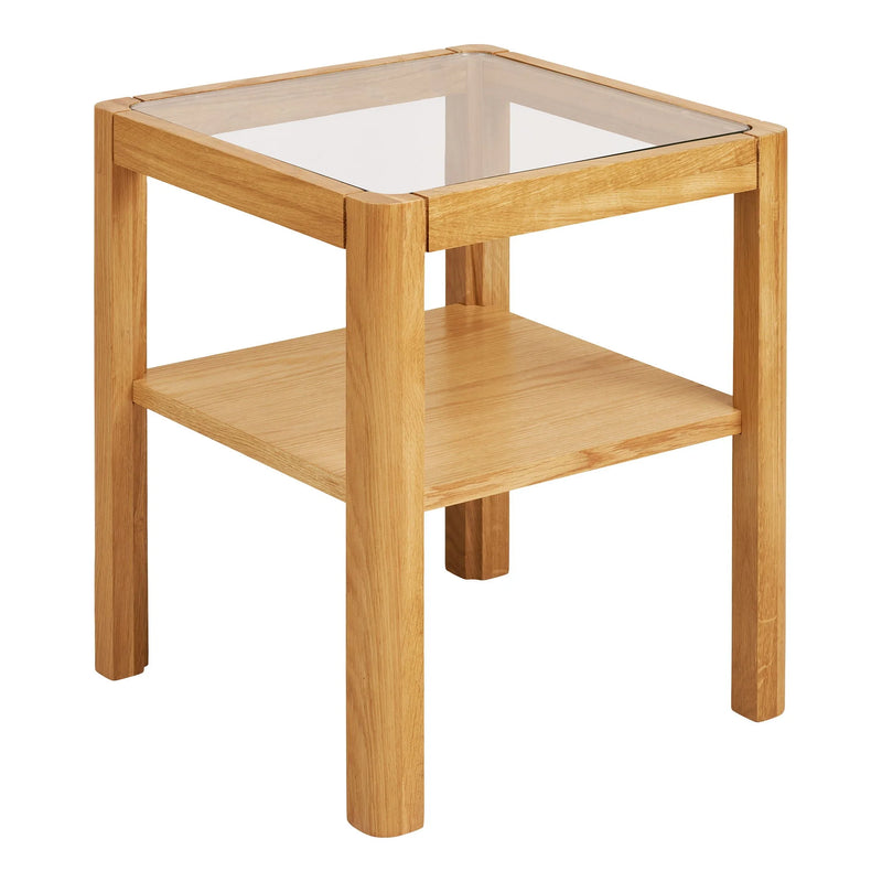 Table d’appoint carrée en chêne naturel et verre trempé – 40x40 cm
