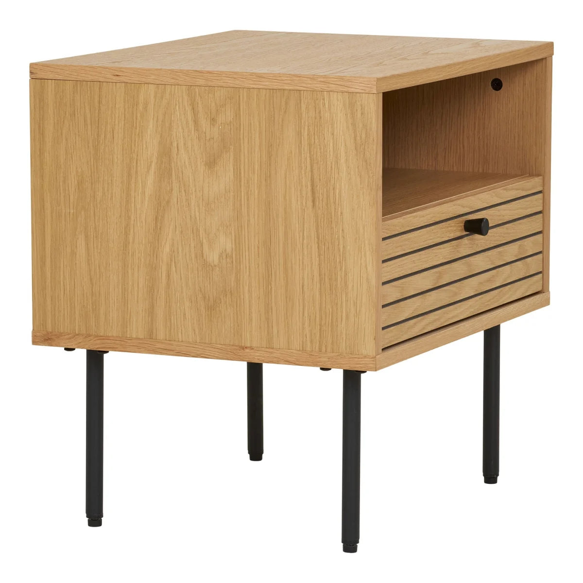 Table d’appoint moderne en chêne avec tiroir ajouré et pieds en métal noir