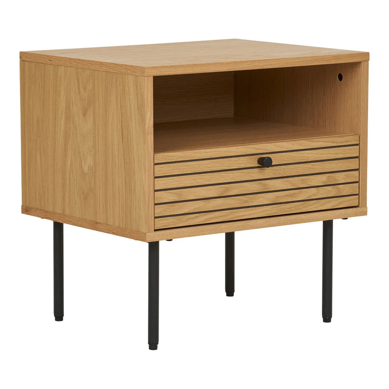 Table d'appoint en chêne avec tiroir et pieds métal noir