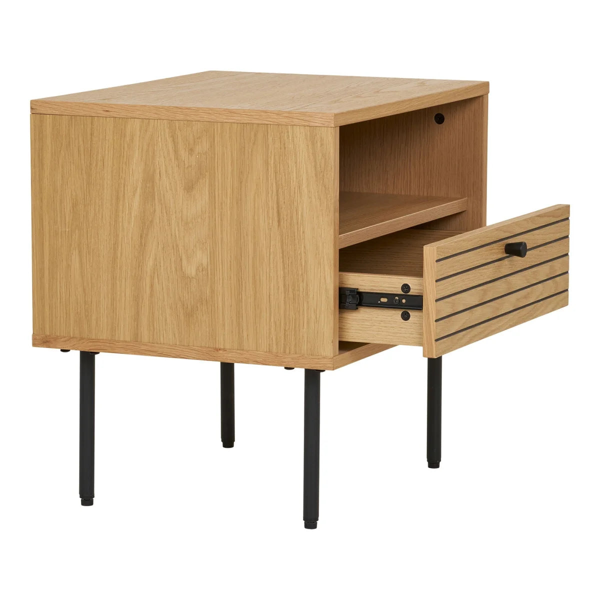 Table d’appoint en chêne clair avec tiroir ajouré et pieds métal noir