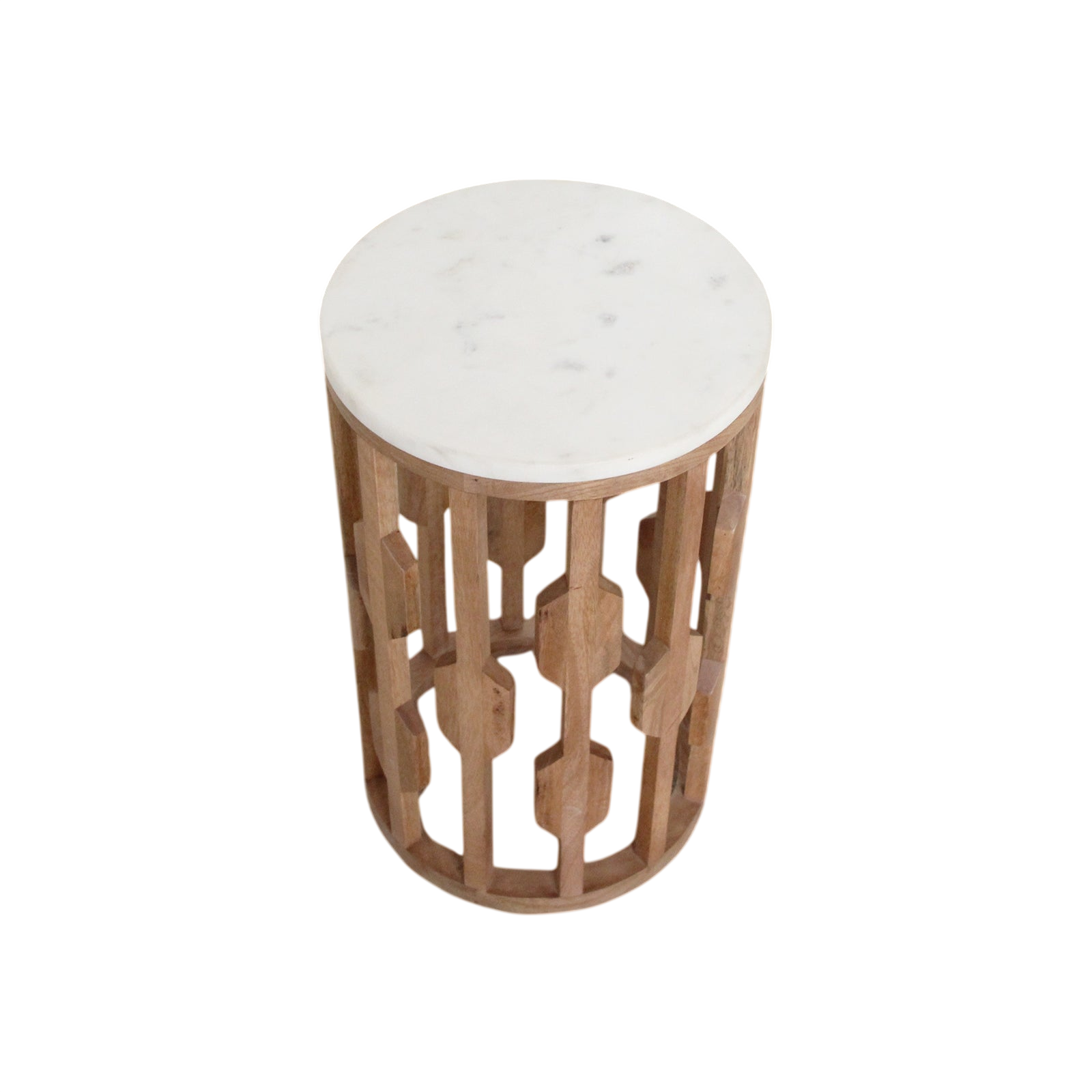 Table d’appoint marbre blanc et bois sculpté ajouré – Ø40 cm