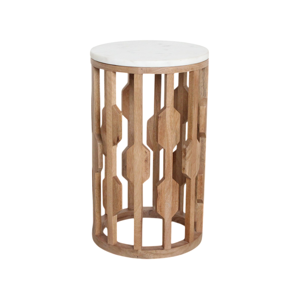 Table d’appoint cylindrique en bois sculpté ajouré avec top marbre blanc – Ø40 cm