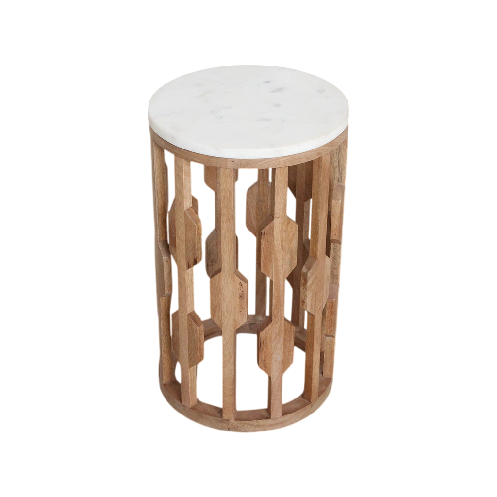 Table d’appoint marbre blanc et bois sculpté ajouré – Ø40 cm