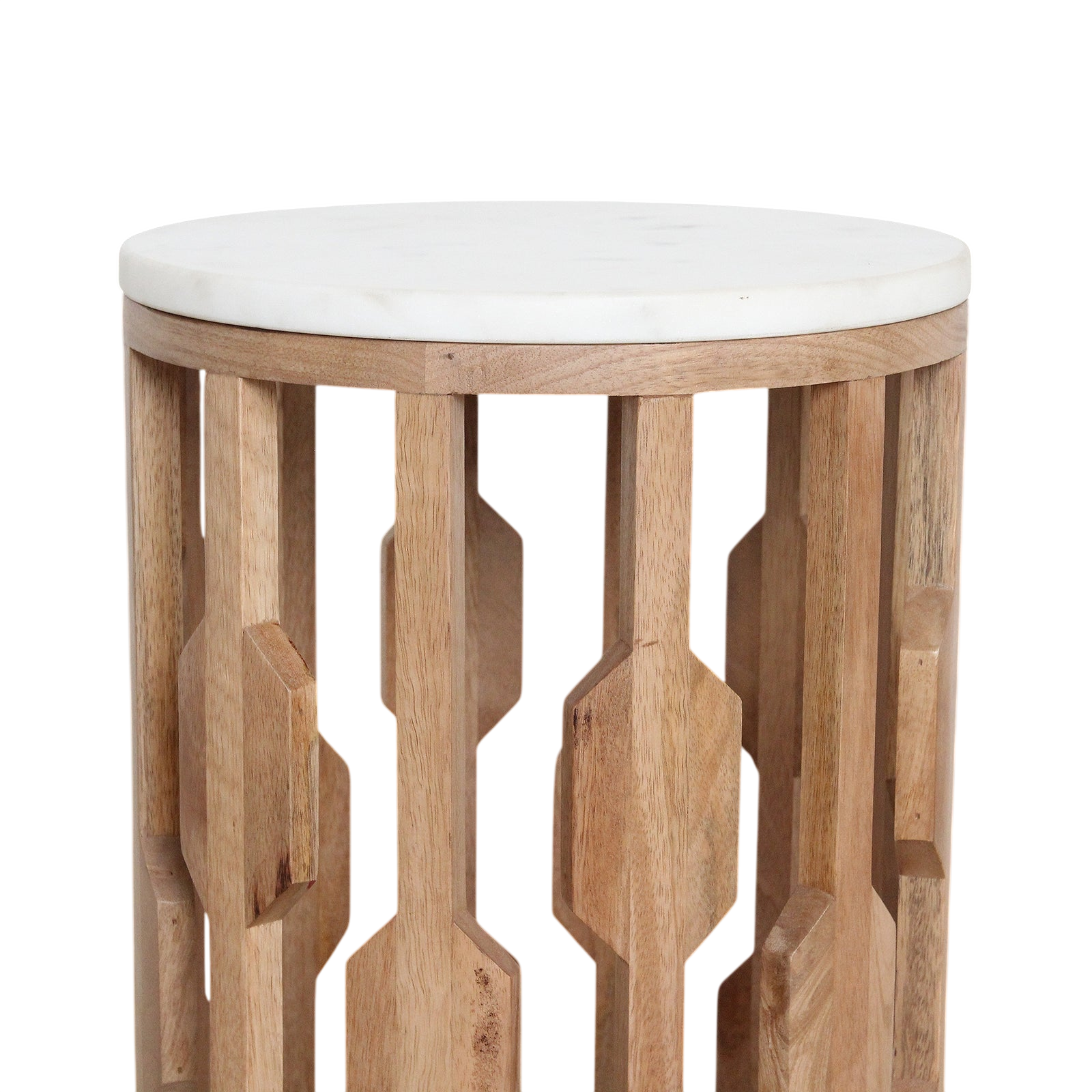 Table d’appoint marbre blanc et bois sculpté ajouré – Ø40 cm