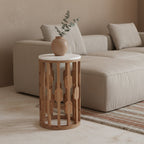 Table d’appoint marbre blanc et bois sculpté ajouré – Ø40 cm