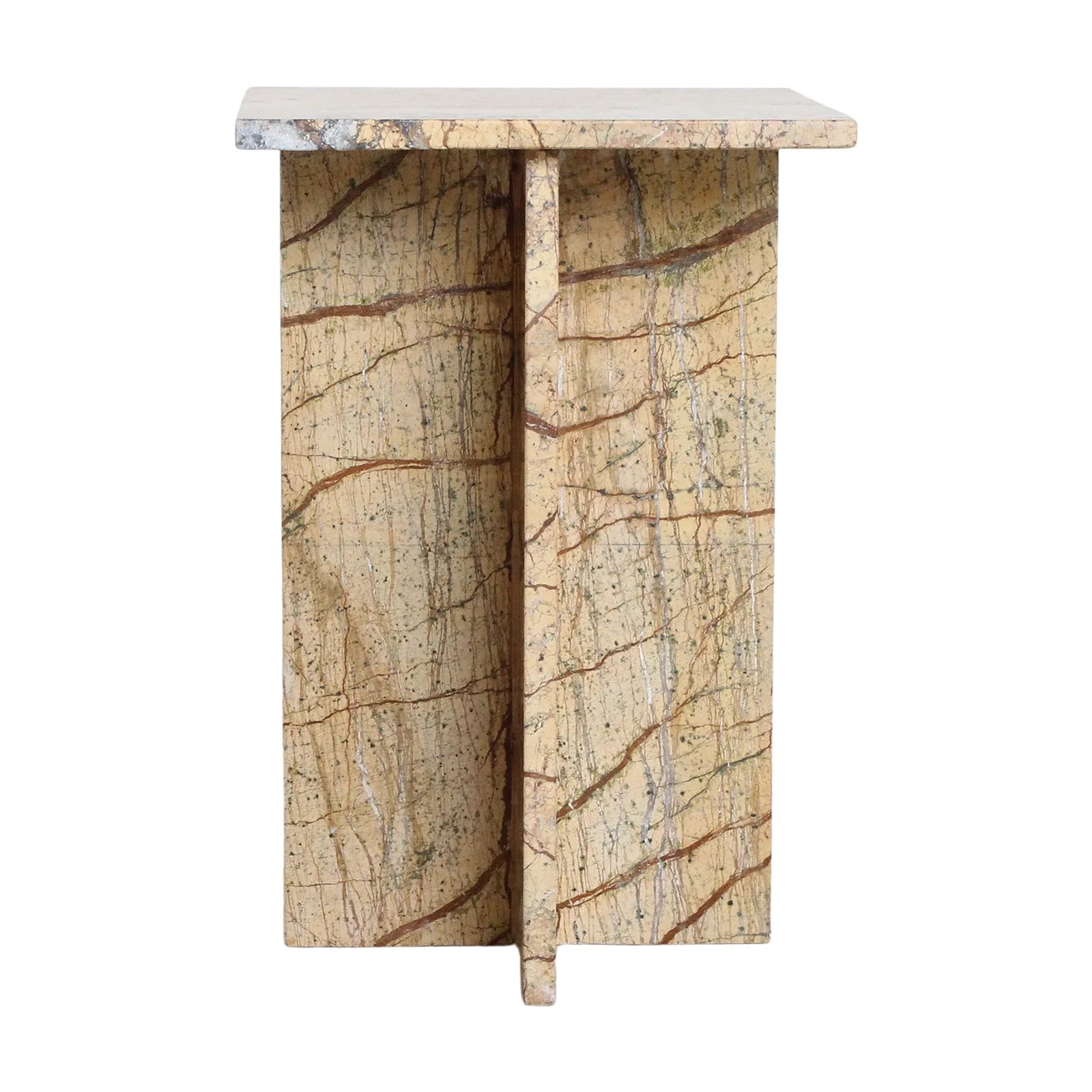 Table d’appoint en marbre beige et brun, piètement croisé, 35x35 cm