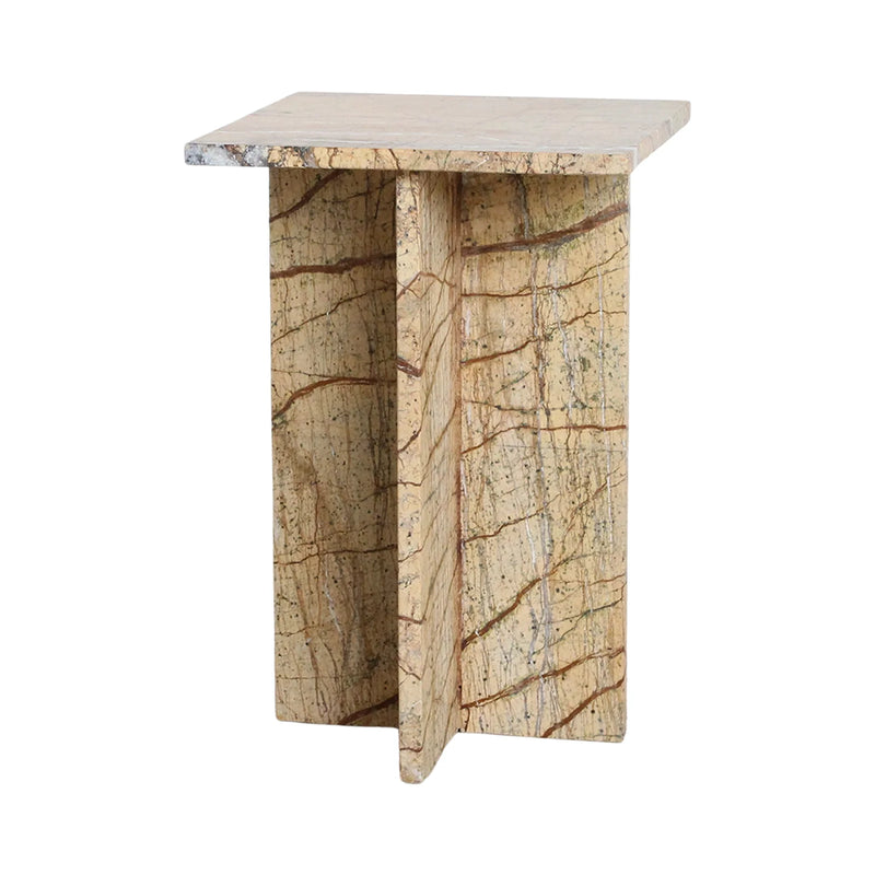 Table d’appoint en marbre mélangé beige et brun piètement croisé – 35x35 cm