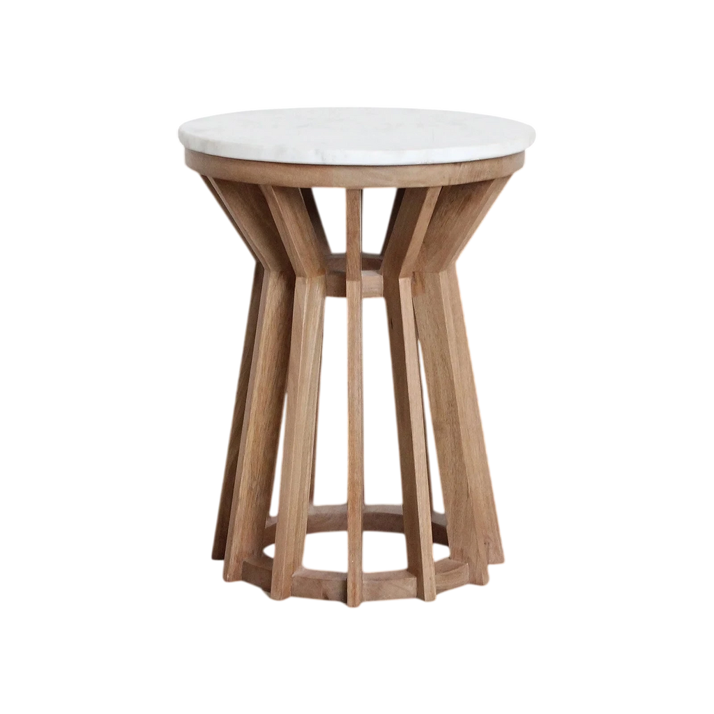 Table d’appoint ronde en marbre blanc et bois clair ajouré, Ø40 cm