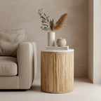Table d’appoint ronde en marbre blanc et bois clair cannelé, Ø40 cm
