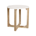Table d’appoint ronde minimaliste en marbre blanc et bois clair avec découpes géométriques, Ø50 cm