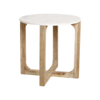 Table d’appoint ronde minimaliste en marbre blanc et bois clair avec découpes géométriques, Ø50 cm