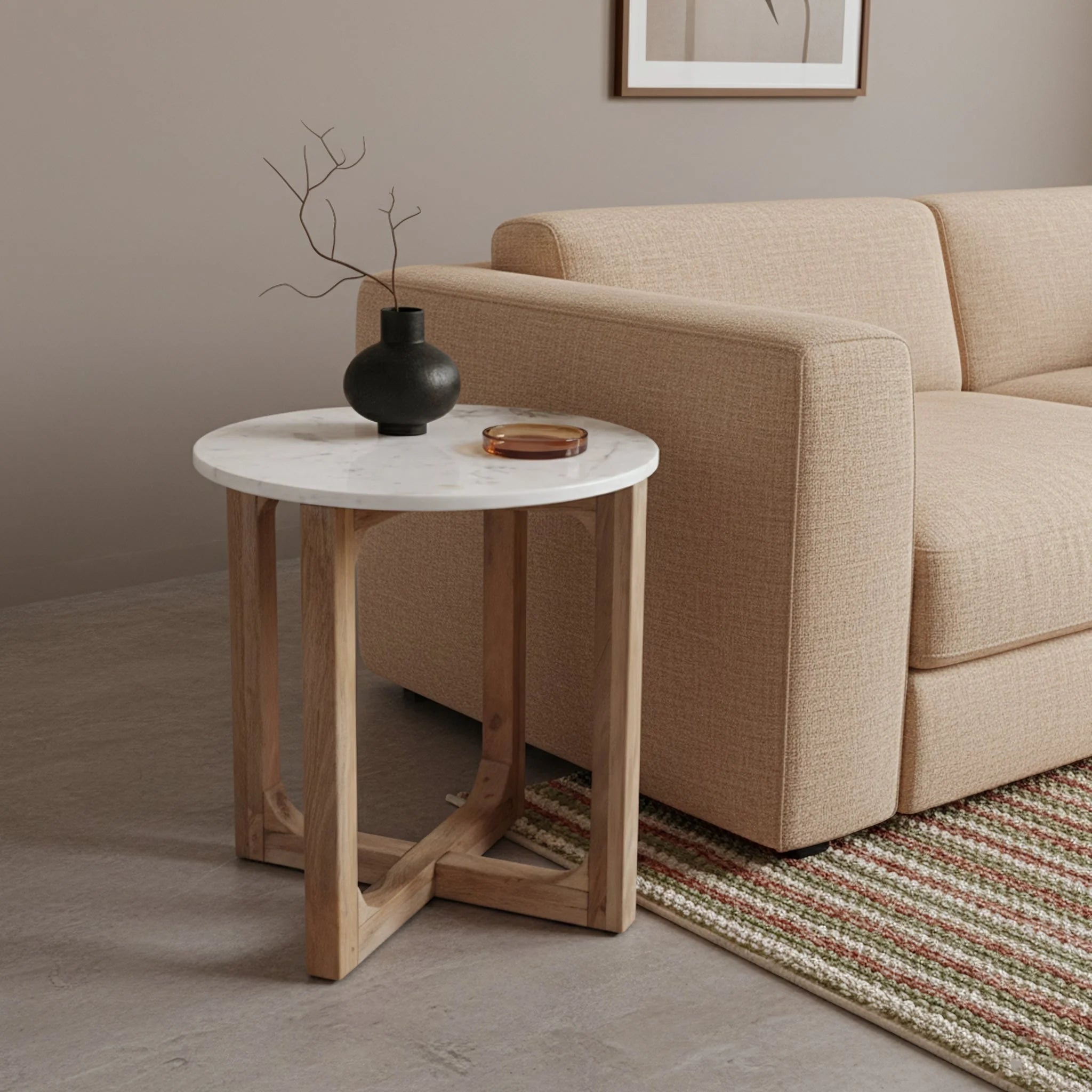 Table d’appoint ronde en marbre blanc et bois clair, Ø50 cm