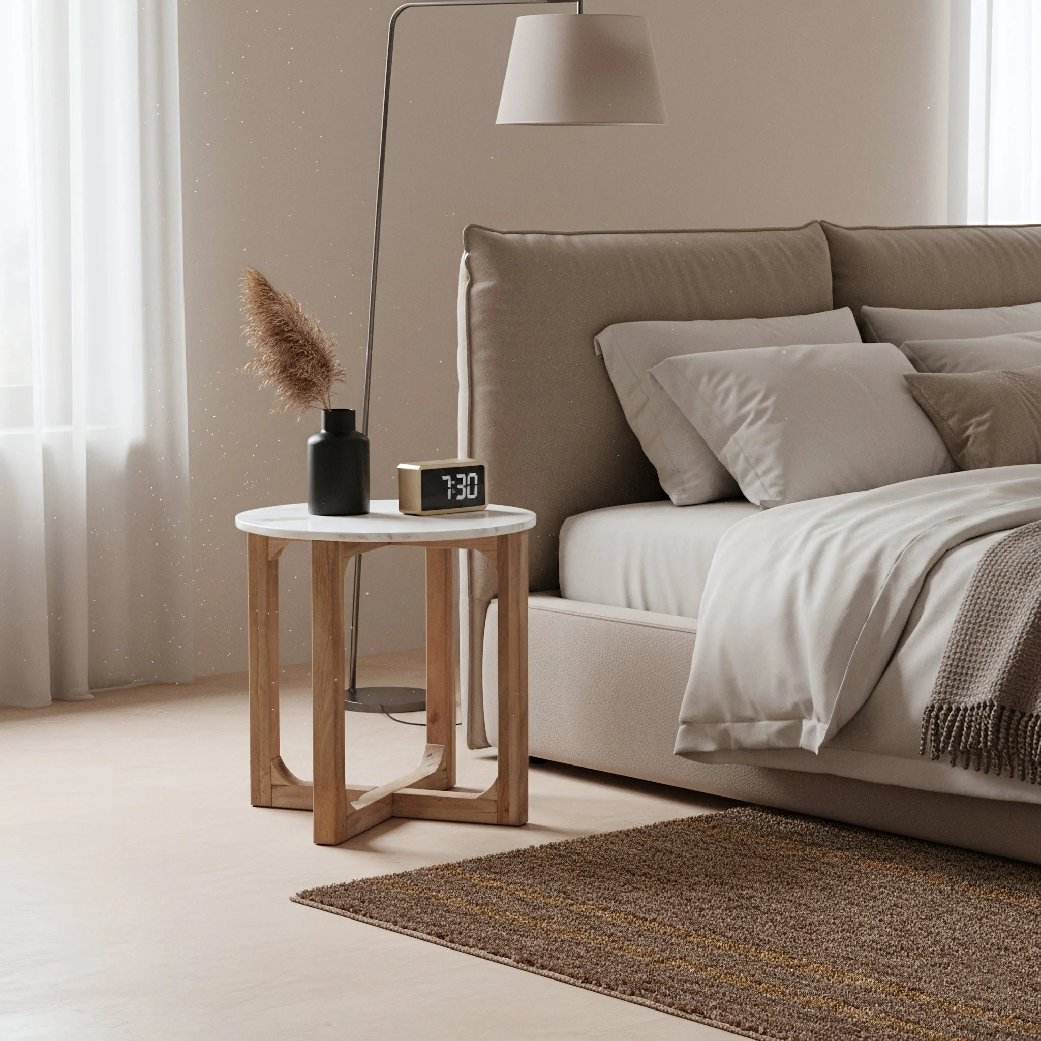 Table d’appoint ronde minimaliste en marbre blanc et bois clair, Ø50 cm