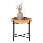 Plateau en rotin tressé sur pieds métal noir, table ronde Ø50 cm