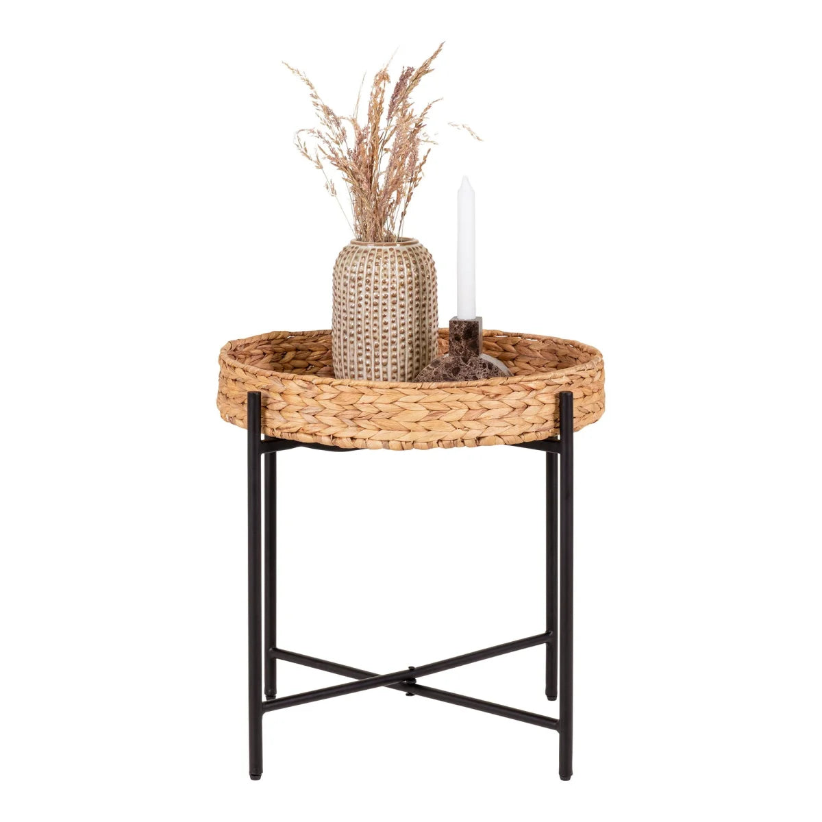 Plateau en rotin tressé sur pieds métal noir, table ronde Ø50 cm