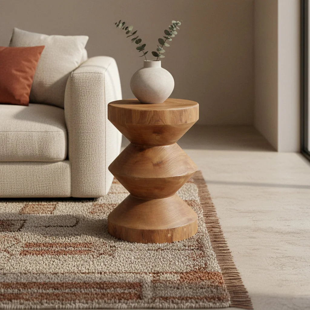 Table d’appoint en teck massif forme sablier H45 cm finition naturelle