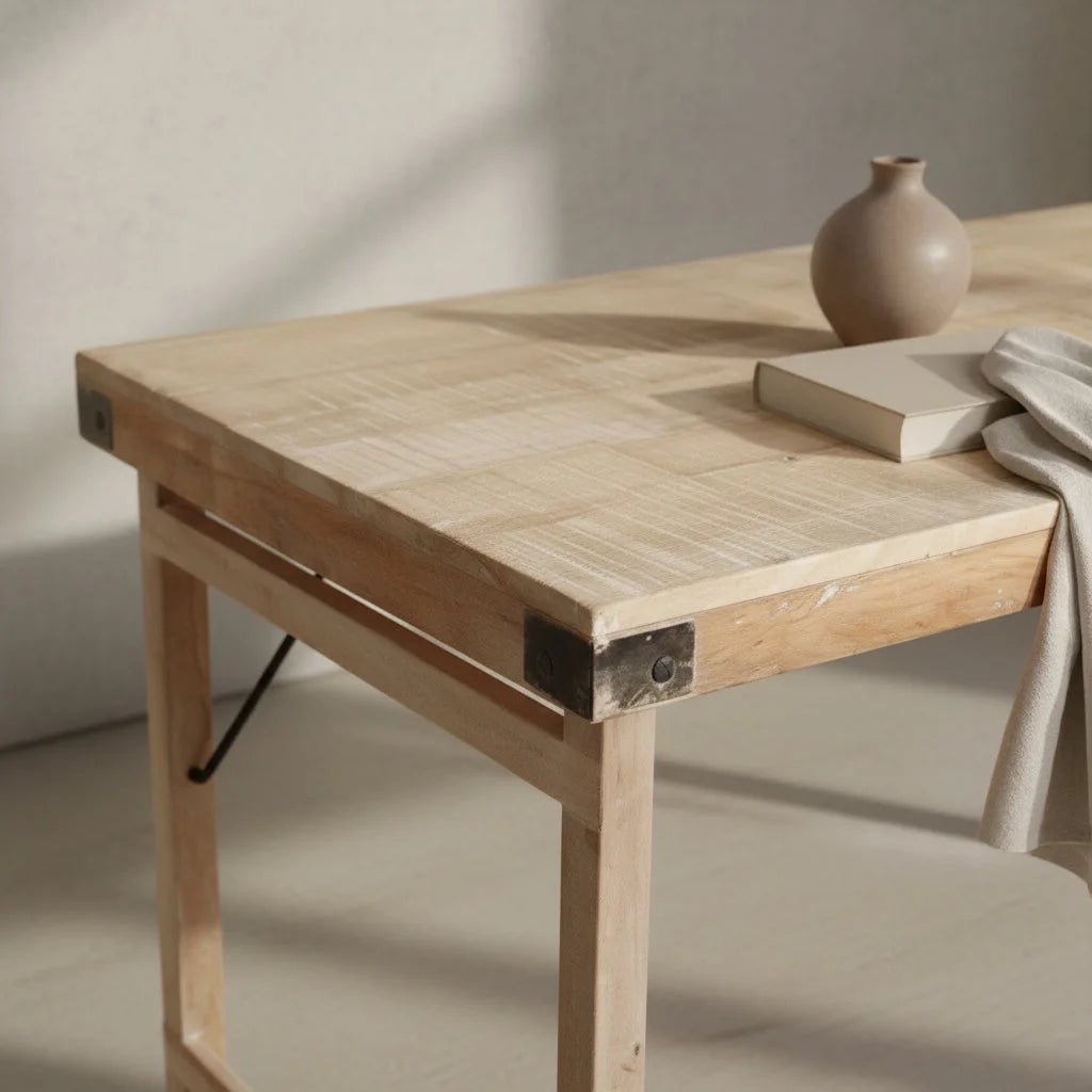 Table pliante en bois recyclé naturel clair avec grain visible et renforts métal noir, 165x75 cm